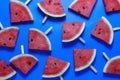 Top view, sliced watermelon fruit on blue table for background Royalty Free Stock Photo