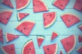 Top view, sliced watermelon fruit on the old blue wooden table for background Royalty Free Stock Photo