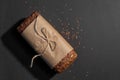 Top view of sliced wholegrain bread on dark background