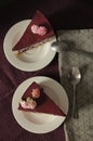 Top view of slices of cheesecake with blueberry and decorated by flowers Royalty Free Stock Photo