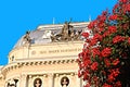 Top view of Slovak National Theatre and red flowers in Bratislava, Slovakia Royalty Free Stock Photo