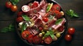 Top-View of Slowly Rotating Fresh Chopped Antipasto on a Rustic Background. Generative AI