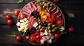 Top-View of Slowly Rotating Fresh Chopped Antipasto on a Rustic Background. Generative AI