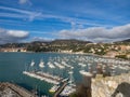 Top view of small city Lerici on Ligurian coast, Italy, in province of La Spezia. Panoramic view of Italian town Lerici. A lot of
