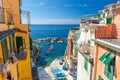 Top view of small harbor with fishing colorful boats, multicolored houses with balconies and shutter windows of Riomaggiore villag