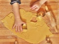 Top view of a small kids hand using the cookie cutter