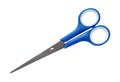 Top view of small multipurpose scissors with blue handle isolated on white background with clipping path