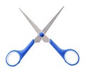 Top view of small multipurpose scissors with blue handle isolated on white background with clipping path. A pair of scissors Royalty Free Stock Photo