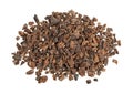 Top view of a small portion of cocoa nibs on a white background