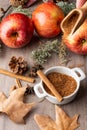 Top view of small white bowl with brown sugar, with falling sugar, red royal gala apples with cinnamon sticks and autumn leaves, w