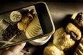 Top View-smartphone taking photo homemade bread stack placed on table in kitchen with morning sunlight consists of bread slices, Royalty Free Stock Photo