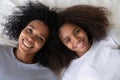 Top view of smiling black mom and daughter at home Royalty Free Stock Photo