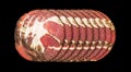 Top view of smoked pork salami chorizo sausages slices isolated on black background with clipping path. Raw smoked salami sausage Royalty Free Stock Photo