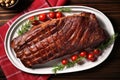 top view of smoked ribs on a large platter