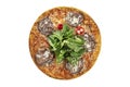 Top view Smoked Ribs pizza with arugula and parmesan cheese