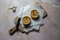 Top view of snack item quiche on a wooden board Royalty Free Stock Photo