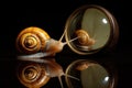 top view of a snail on a cream jar, with a mirror reflecting the scene