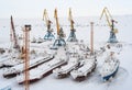 Top view of a snow-covered seaport in the Arctic Royalty Free Stock Photo