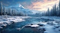 Top View Snow Mountains With Frozen River at Sunset Background Royalty Free Stock Photo