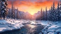 Top View Snow Mountains With Frozen River at Sunset Background Royalty Free Stock Photo