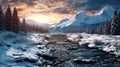 Top View Snow Mountains With Frozen River at Sunset Background Royalty Free Stock Photo