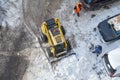 Top view on snow-removing machine cleaning the road Royalty Free Stock Photo