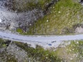 Top view of snow road Aurlandsvegen with vehicles having involuntary stop during travel. Norway, Scandinavia