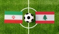 Top view soccer ball with Iran vs. Lebanon flags match on green football field