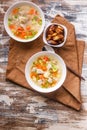 Top view soup with turkey meat, potatoes, carrots, noodles and croutons. Vertical shot. Copy space Royalty Free Stock Photo