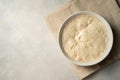 Top view sourdough starter in a bowl. Copy space. Home baking, wild east, fermented food. Royalty Free Stock Photo