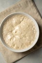 Top view sourdough starter in a bowl. Home baking, wild east, fermented food. Royalty Free Stock Photo