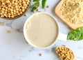 Top view of soymilk cups placed on the marble table Royalty Free Stock Photo