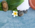 Top view of spa objects and flower, stones for massage salon Royalty Free Stock Photo