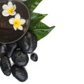 Top view spa tropical objects stones, leaves, flowers