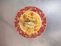 Top view of Spaghetti allo Scoglio (Spaghetti With Mixed Seafood)