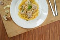 Top view of partial spaghetti carbonara lunch dinner meal Royalty Free Stock Photo