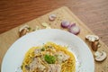 Top view of frontal hidden view of spaghetti carbonara lunch dinner meal Royalty Free Stock Photo