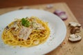 Close-up view of spaghetti carbonara lunch dinner meal