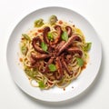 Delicious Spaghetti Dish With Roasted Octopus Steak And Celery