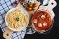 Top view, Spaghetti Pasta noodle with Bolognese tomatoes sauce, and fresh ingredient