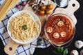 Top view, Spaghetti Pasta noodle with Bolognese tomatoes sauce, and fresh ingredients Royalty Free Stock Photo