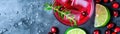 Top View Sparkling Cranberry Mocktail With Lime. Banner For Web. Generative AI