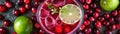 Top View Sparkling Cranberry Mocktail With Lime. Banner For Web. Generative AI