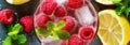 Top View Sparkling Raspberry Lemonade With Fresh Raspberries Banner Background. Generative AI