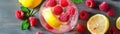 Top View Sparkling Raspberry Lemonade With Fresh Raspberries. Banner For Web. Generative AI