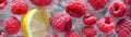 Top View Sparkling Raspberry Lemonade With Fresh Raspberries. Banner For Web. Generative AI