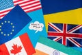 Top view of speech bubble with where is your mask lettering near flags of countries