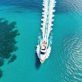 Top view on speed boat in paradise turquoise ocean