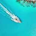Top view on speed boat in paradise turquoise ocean
