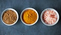 Top view, spices in bowl and ingredients for food, culinary and flavor with powder or ground seasoning for cooking Royalty Free Stock Photo